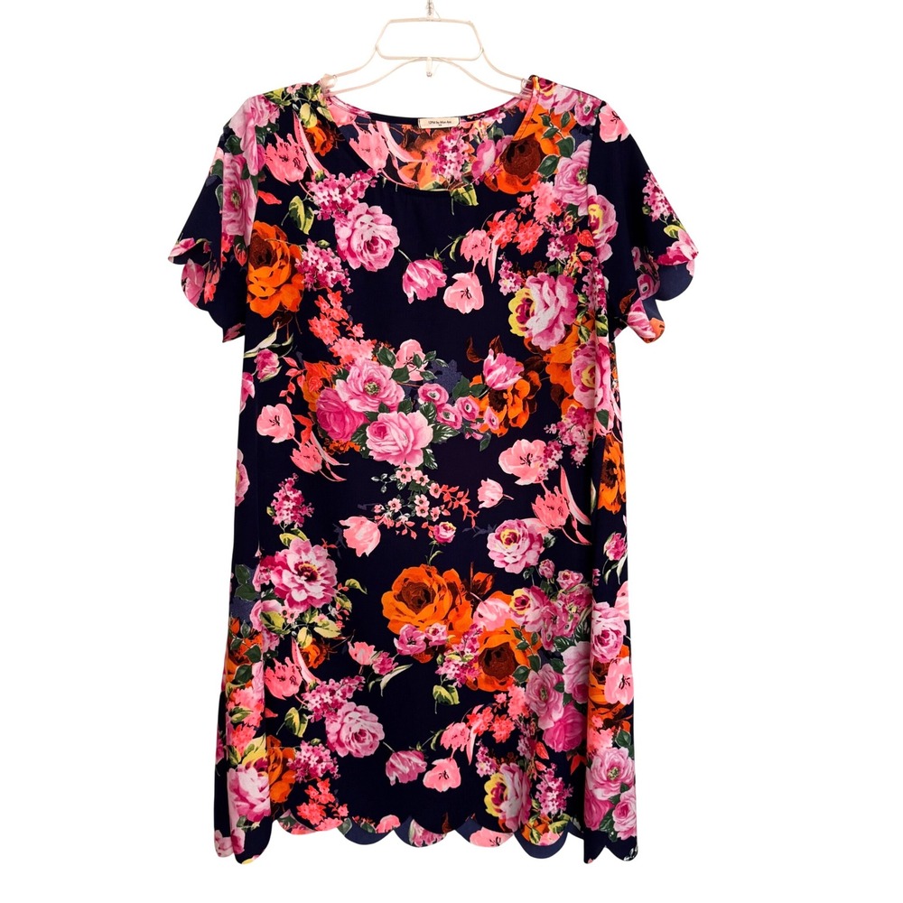 12PM by Mon Ami Navy Floral Scalloped Hem Shift Mini Dress Womens Large